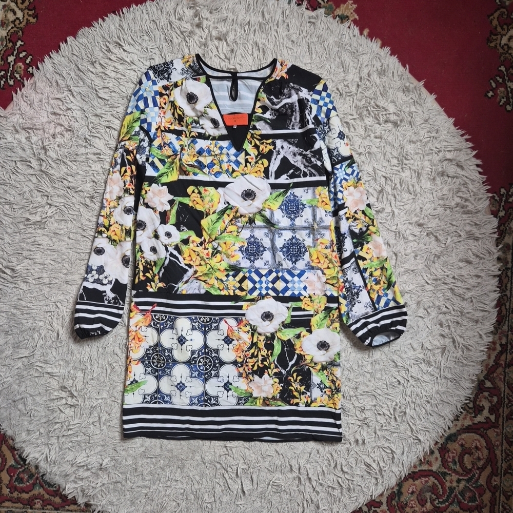 Clover Canyon Dress Size Small S Mixed Prints Greece Grecian Floral Tiles Spring